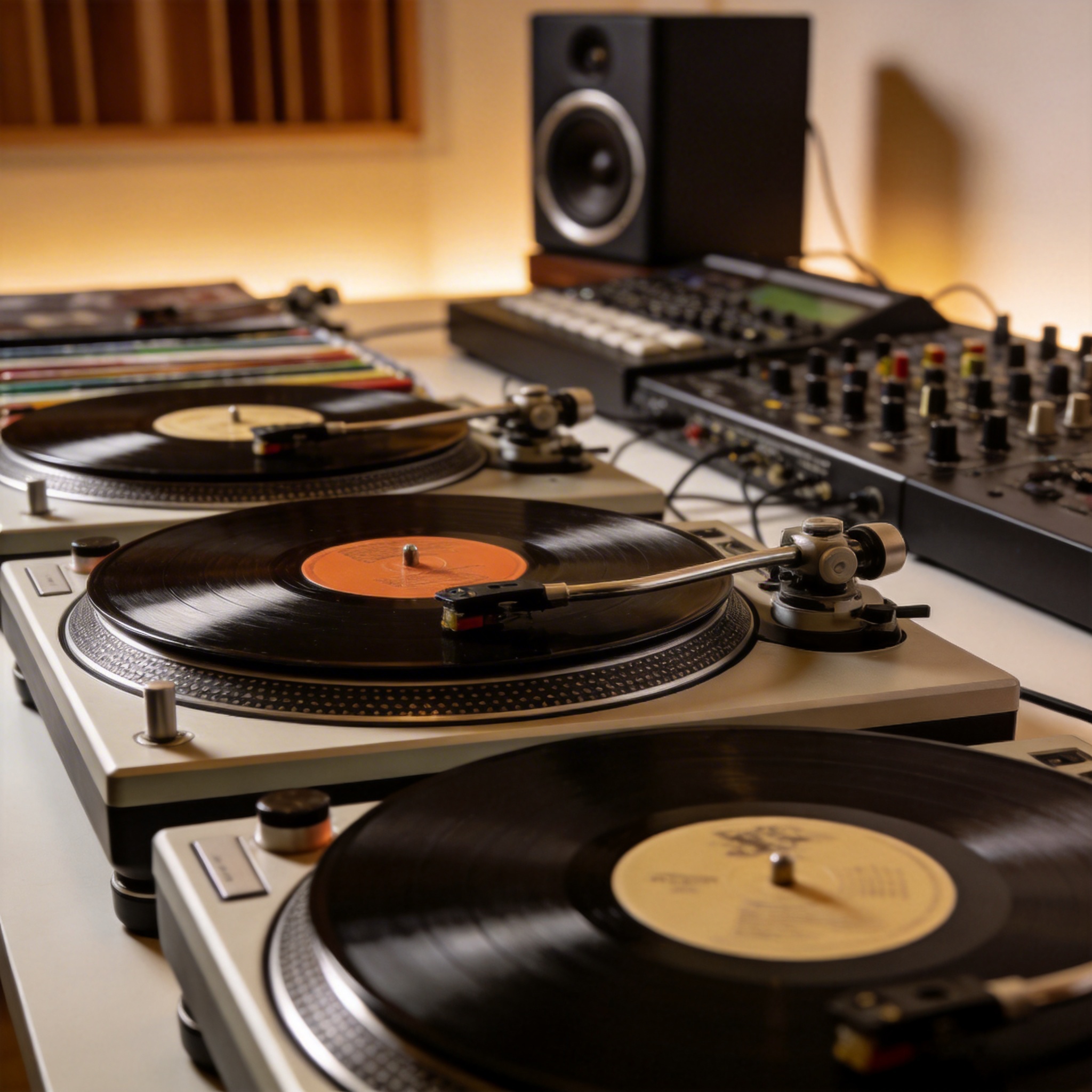 Professional vinyl record collection display on turntable